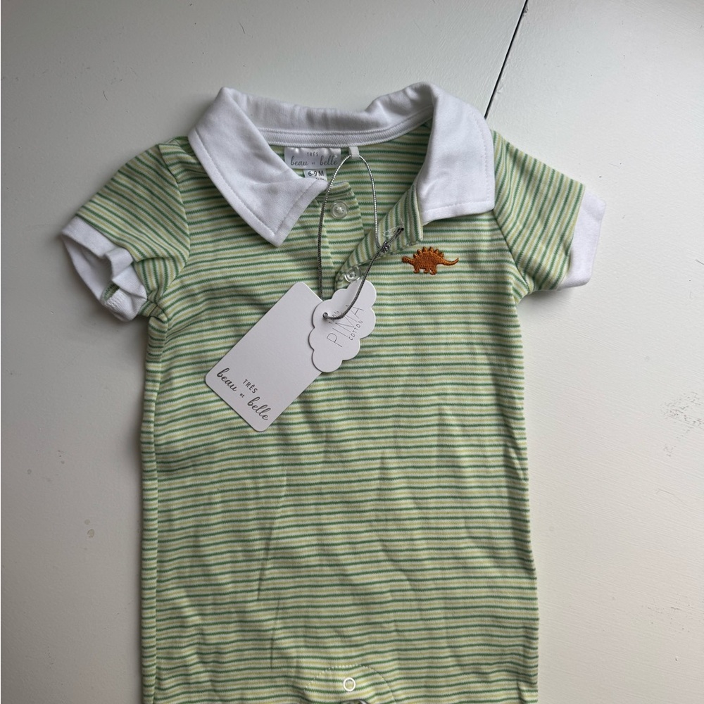 Tres Beau et Belle Green Striped Boys Polo Romper